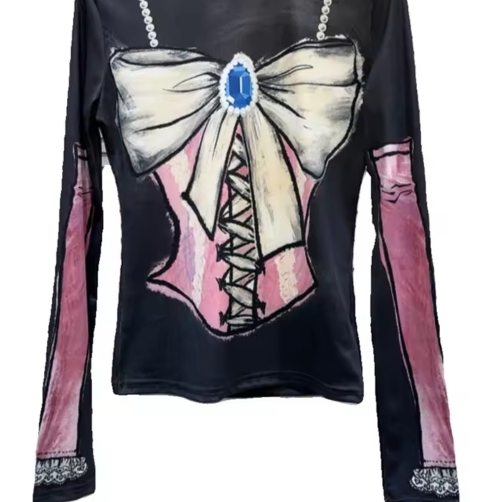 New Items T-shirt For Women colorful print Bow Mesh Long Sleeve Stretch Fashion - Picture 4 of 7